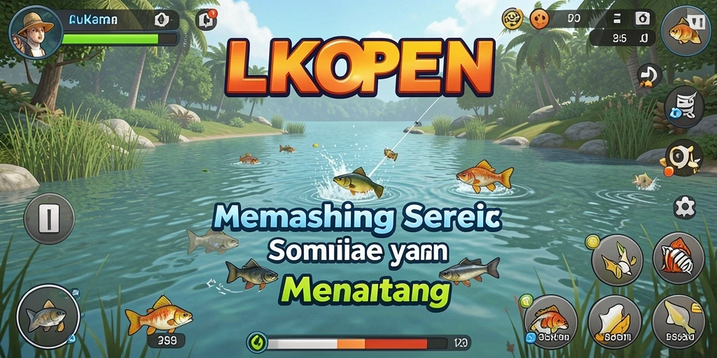 Screenshot LKOPEN menunjukkan gameplay memancing yang seru dan grafis menawan.