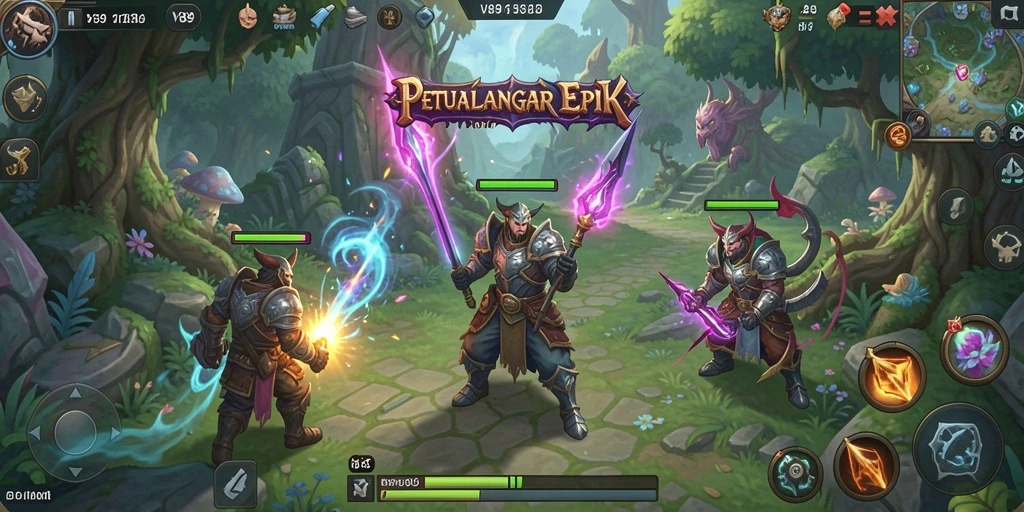 Tangkapan layar utama V89 menunjukkan pertempuran epik di dunia RPG.